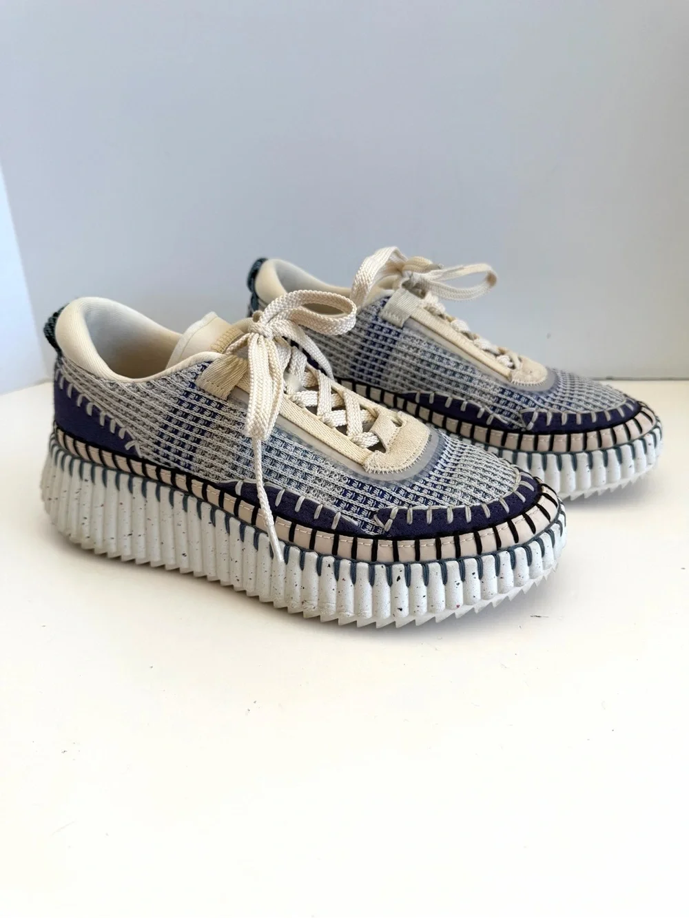 Chloé Nama Low Top Sneakers Blue White Knit Platform Shoes Women’s EU 37 US 7